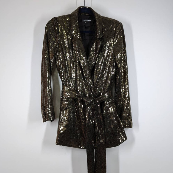 Badgley Mischka Jackets & Blazers - Badgley Mischka Gold Sequin Belted Blazer Size 8 Double Breasted Preowned FLAWS